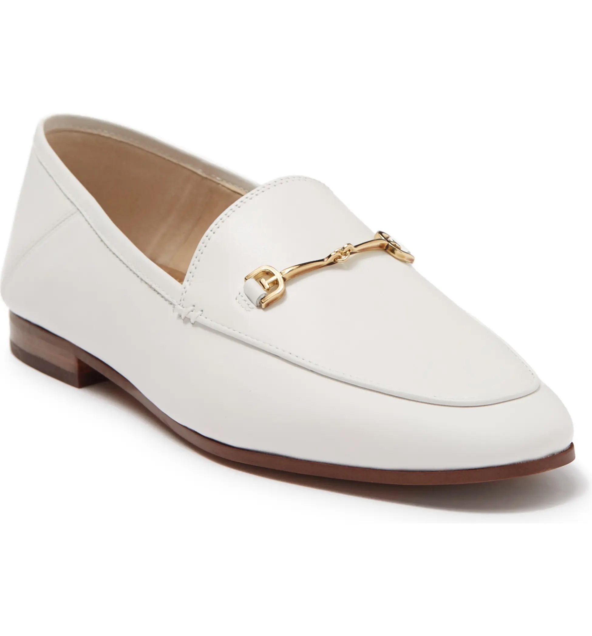 white loafer with gold-tone buckle