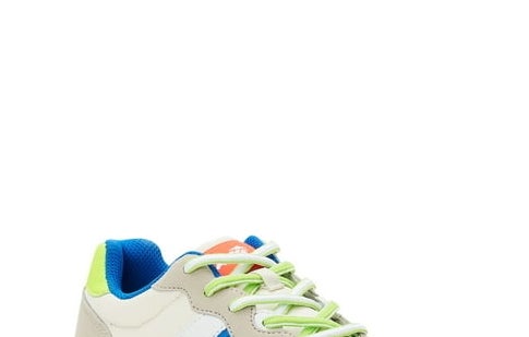 the sneakers in beige with blue, green, and orange