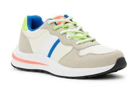 the sneakers in beige with blue, green, and orange
