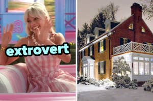 On the left, Margot Robbie sitting in a car and smiling and waving as Barbie with extrovert typed under her chin, and on the right, a brick house covered in snow at night