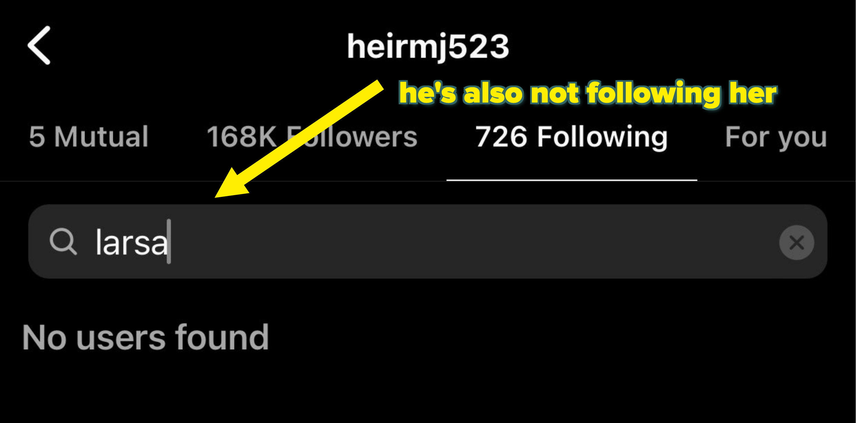 Social media screen with a user&#x27;s profile showing followers and a search bar indicating &quot;No users found&quot; for the searched name