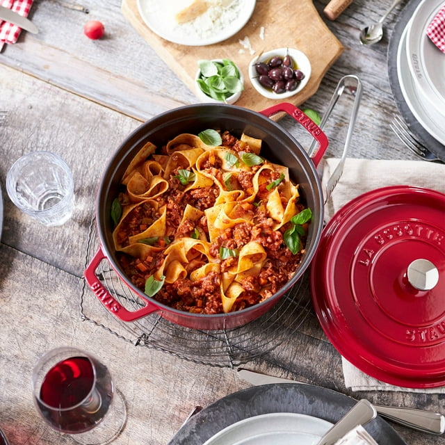 the red Staub Cast Iron Dutch oven with pasta