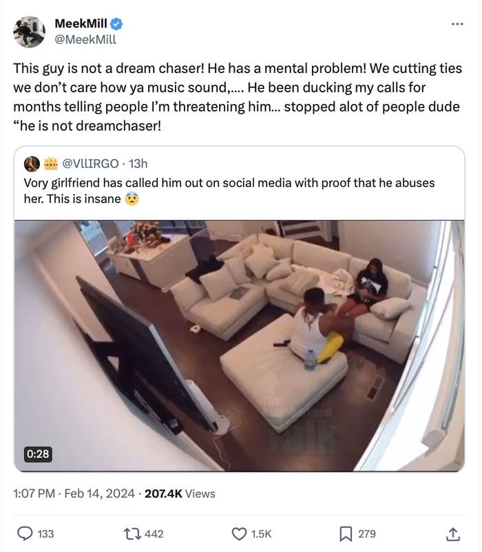 Surveillance footage of a couple&#x27;s heated argument in a living room, shared by MeekMill to highlight abuse allegations