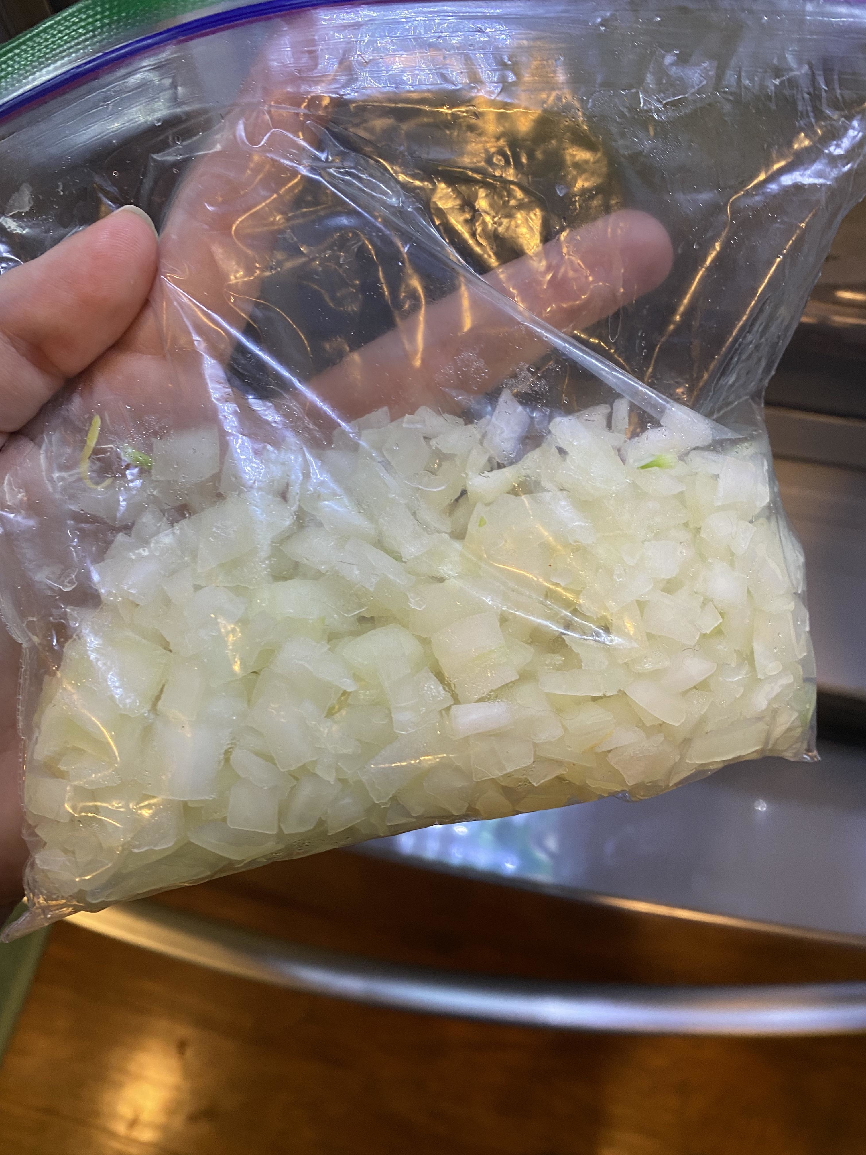 Diced onion in a freezer bag