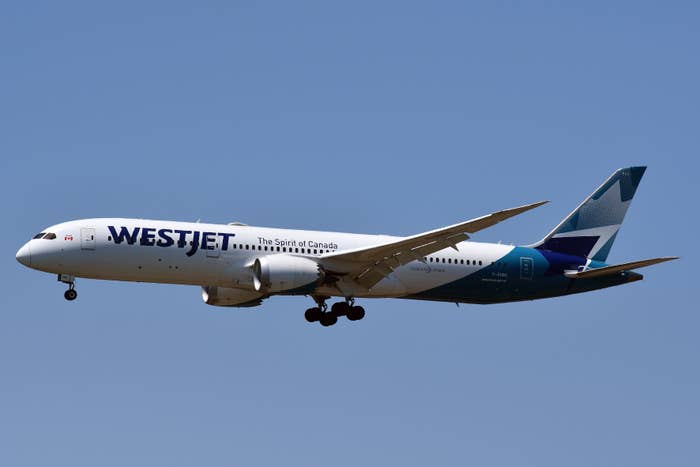 WestJet airplane in flight against clear sky
