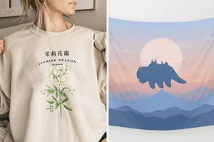 Model wearing beige sweatshirt that says Jasmine Dragon Tea House; tapestry with Appa flying in the sunset