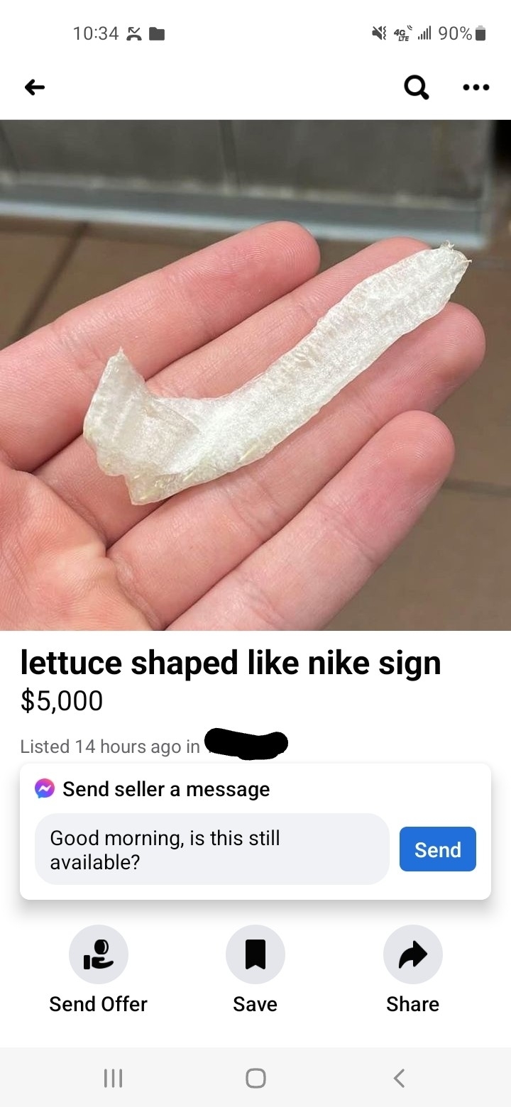 Image of a hand holding a thin, elongated crystal-like object; a social media sale post for &quot;lettuce shaped like Nike sign&quot; at $5,000, humor implied