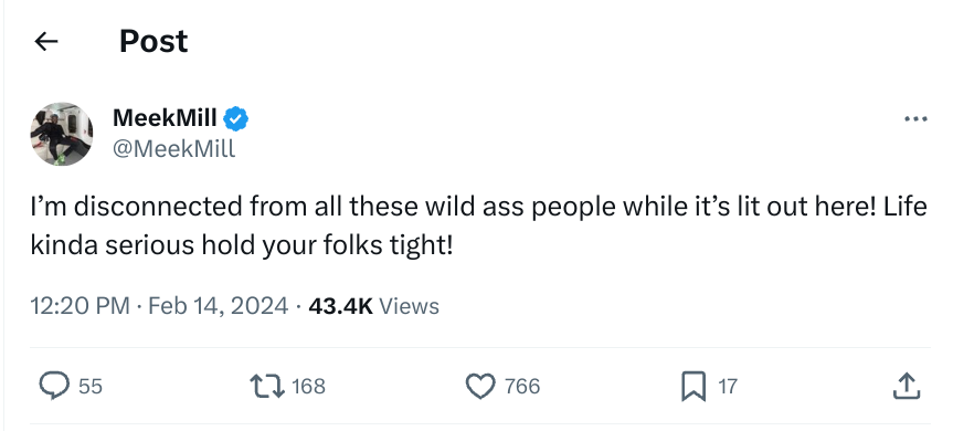 Tweet from MeekMill expressing a desire for disconnection from wild people, advising to hold loved ones tight