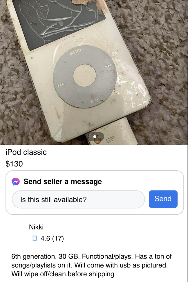 iPod Classic with shattered screen for sale with message saying it's functional and will be cleaned before being shipped