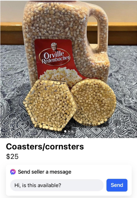 Sale post for &quot;Coasters/cornsters&quot; at $25 featuring popcorn kernel coasters and a large jug