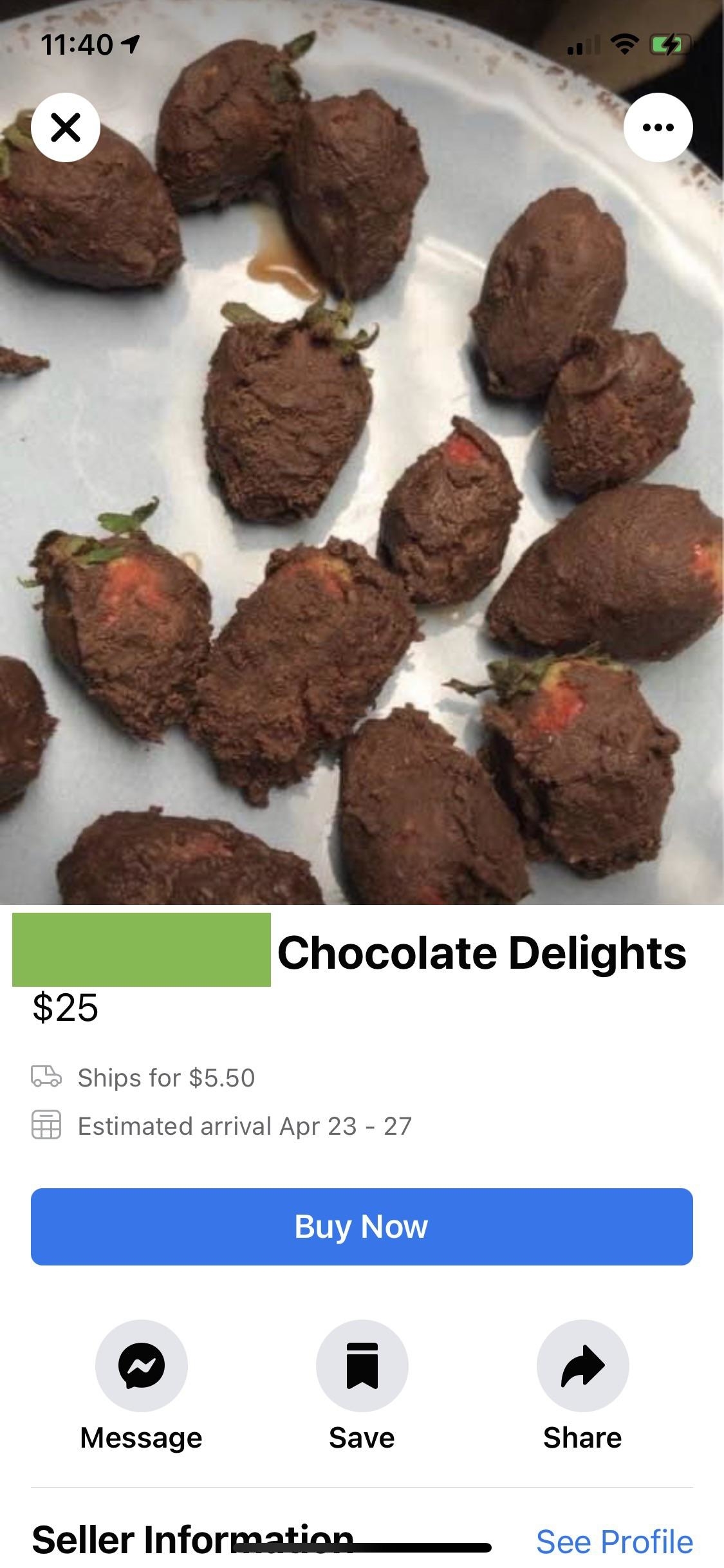 Screen capture of a marketplace listing showing off-color, uneven chocolate-covered strawberries on a plate with price ($25) and shipping ($5) details