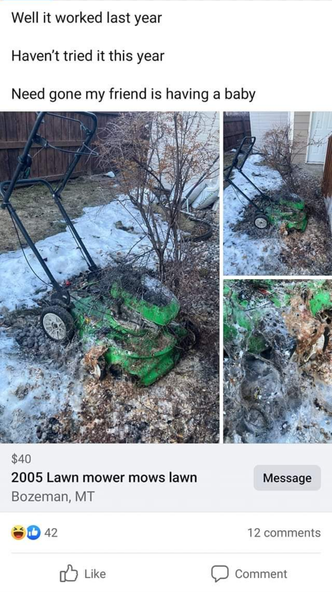 A lawn mower for $40, covered in grass rests in a snowy yard; caption jokes about not used this year but it worked last year