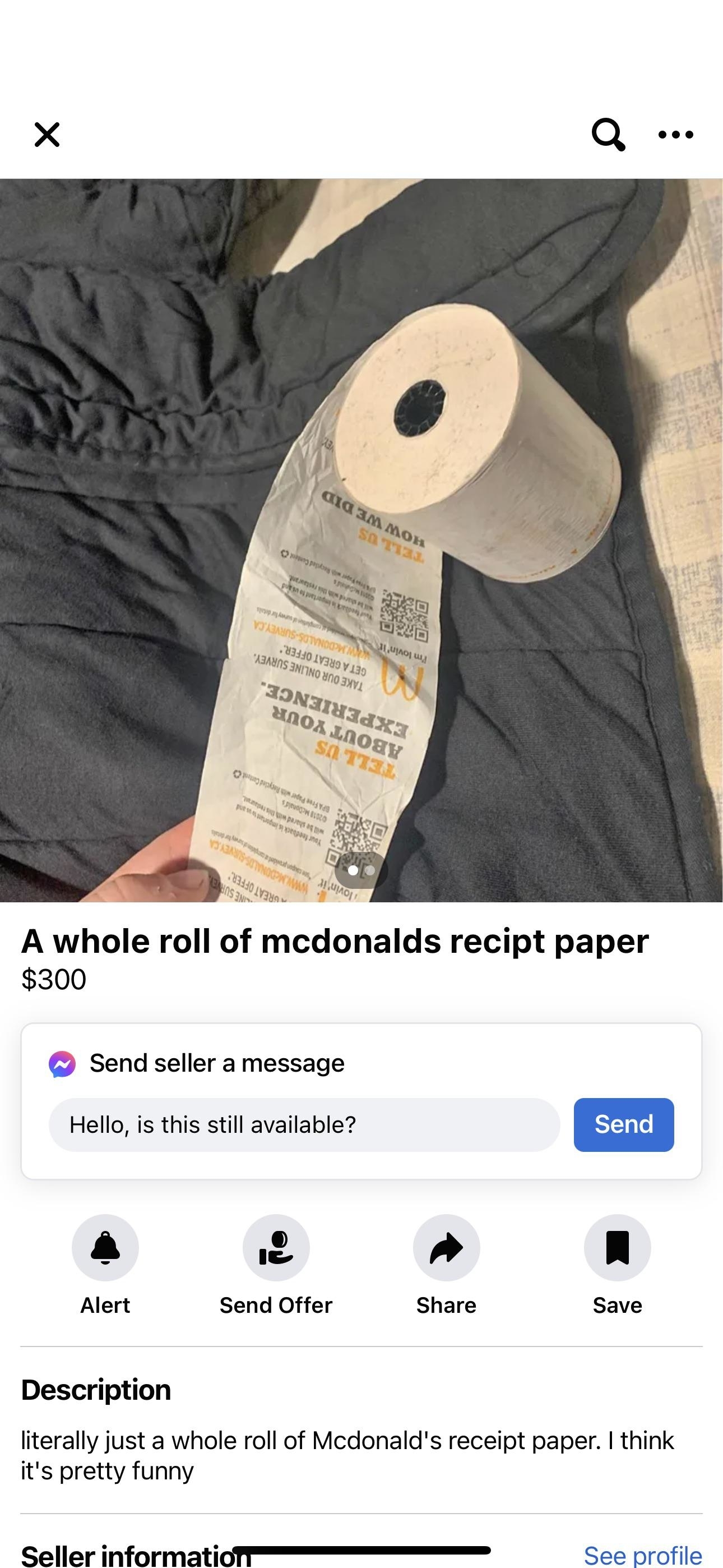 Long McDonald&#x27;s receipt roll on a bed; a sale listing for $300, humorous intent