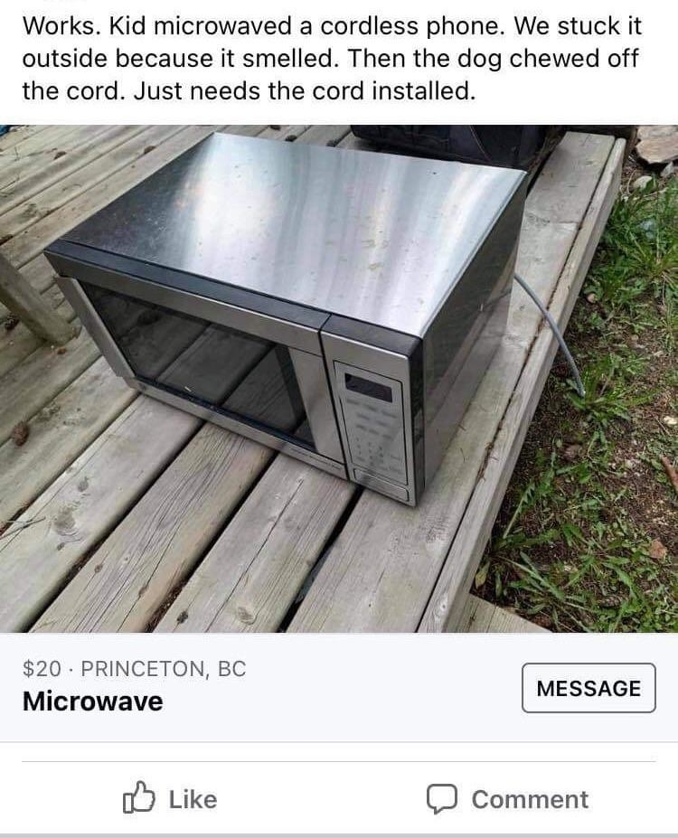 Microwave on wooden steps, cord chewed off by a dog; text states a kid microwaved a phone in it and it&#x27;s for sale for $20