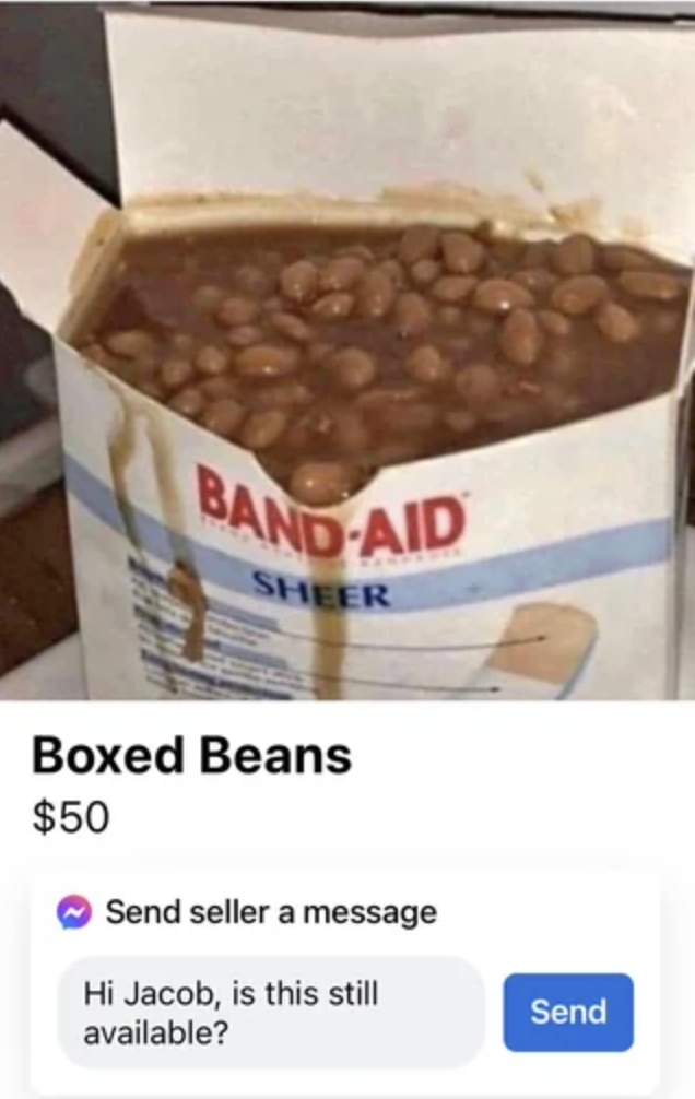 &quot;Boxed beans&quot; inside an open Band-Aid box, displayed humorously for sale at $50, with a text message inquiry about availability