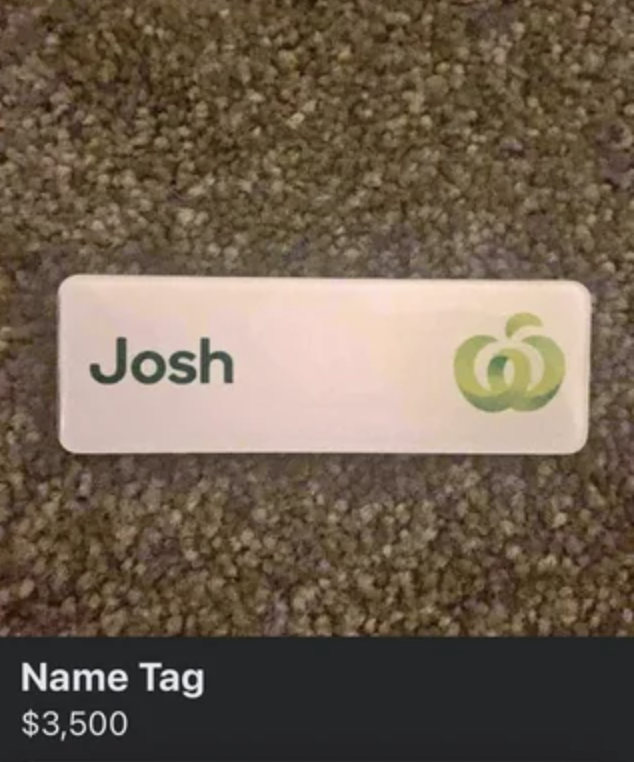 Name tag with &quot;Josh&quot; and a green logo, priced at $3,500