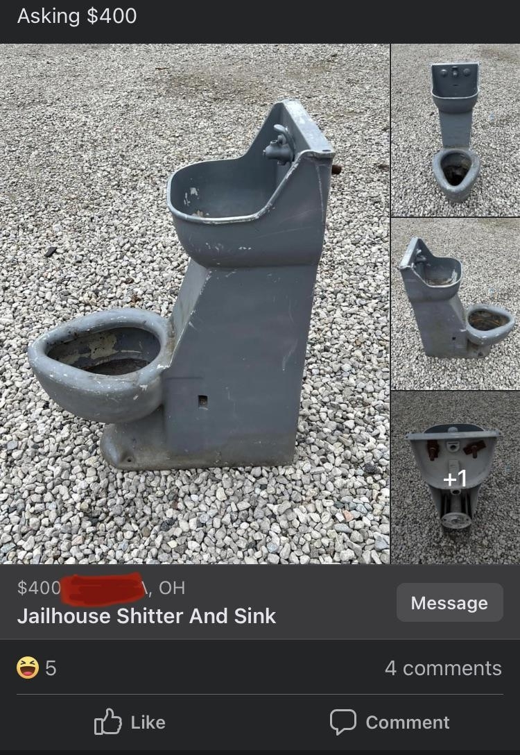 A combination toilet and sink fixture, labeled &quot;Jailhouse shitter and sink,&quot; displayed on a gravel surface