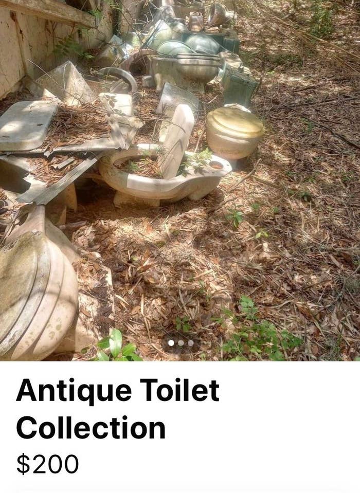 Assorted old toilets displayed outdoors for sale, labeled as &quot;Antique Toilet Collection&quot; for $200