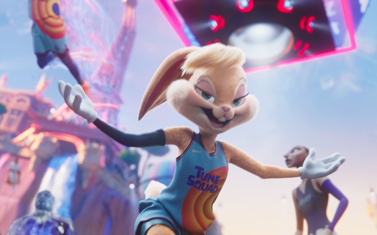 Lola Bunny in basketball attire, animated, with theme park backdrop