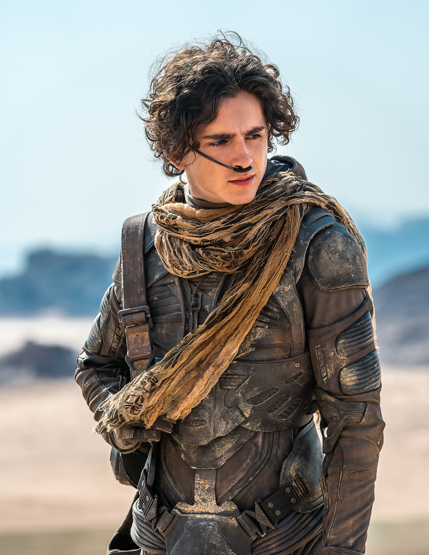 Timothée Chalamet in a futuristic desert warrior costume from the film Dune