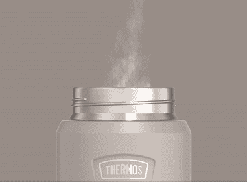 a gif of the thermos with its lid, spoon and cup screwing on top
