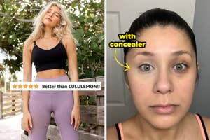 leggings with a 5 star review that says "better than lululemon" / model wearing a $5 brow kit