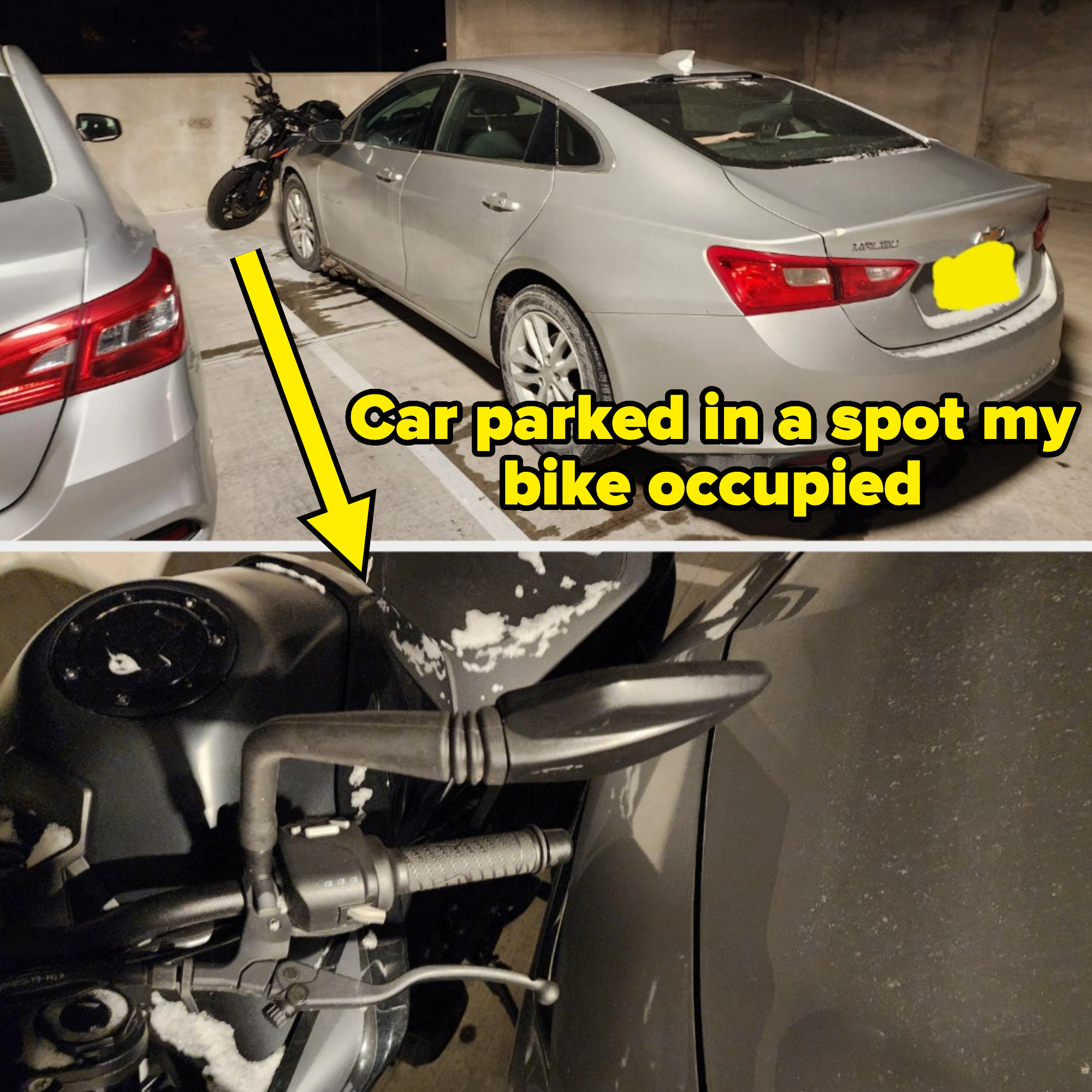 "Car parked in a spot my bike occupied"