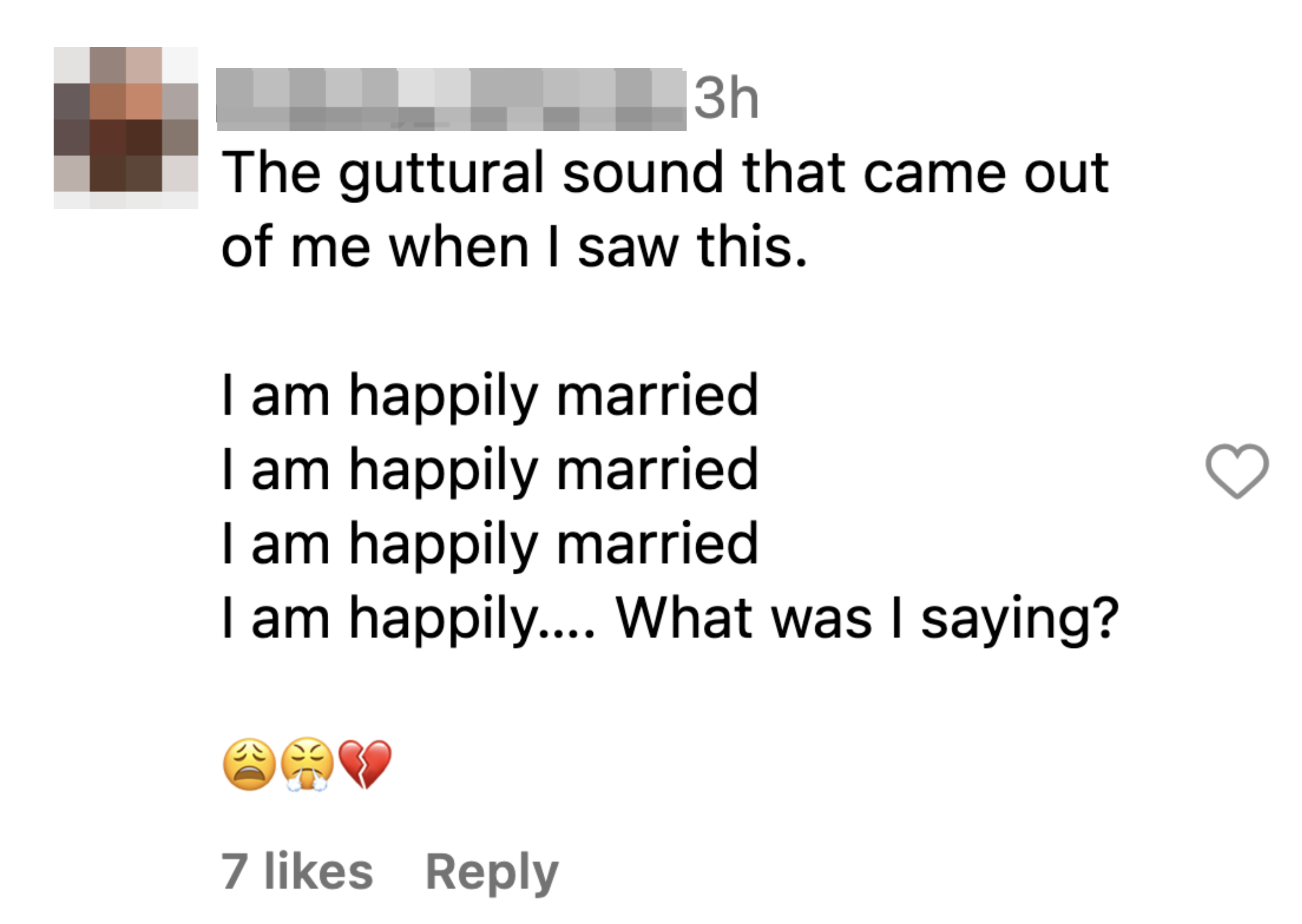 Social media user expresses shock, humorously questioning their marital bliss in a comment with emojis