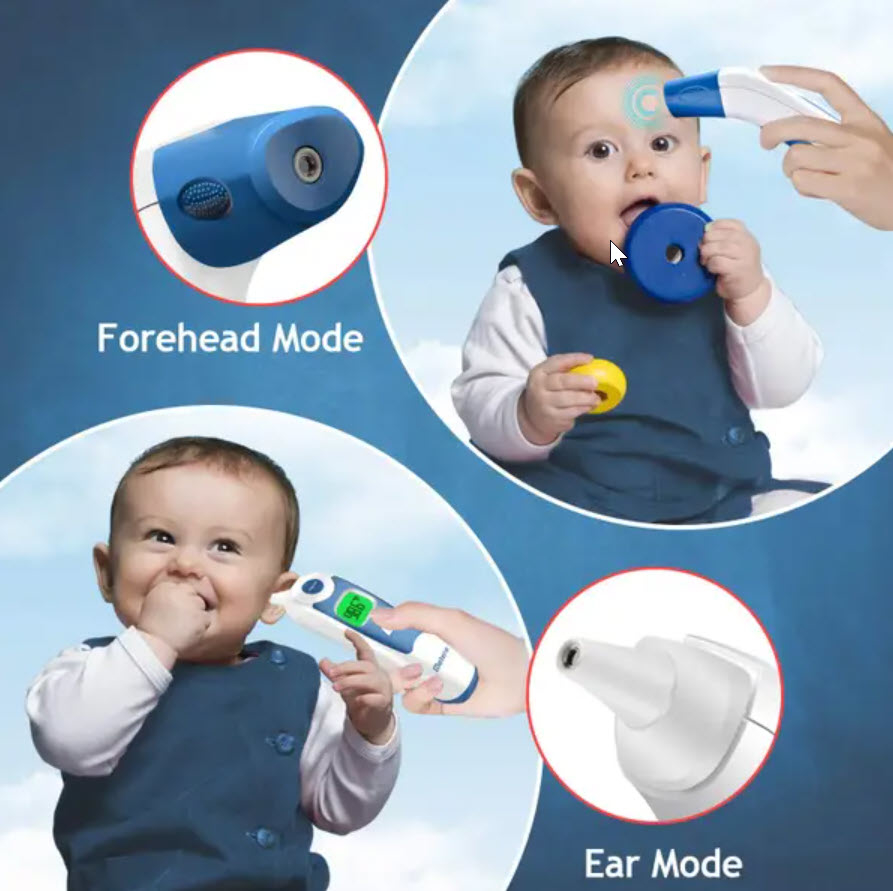 baby modeling and using forehead and ear thermometer