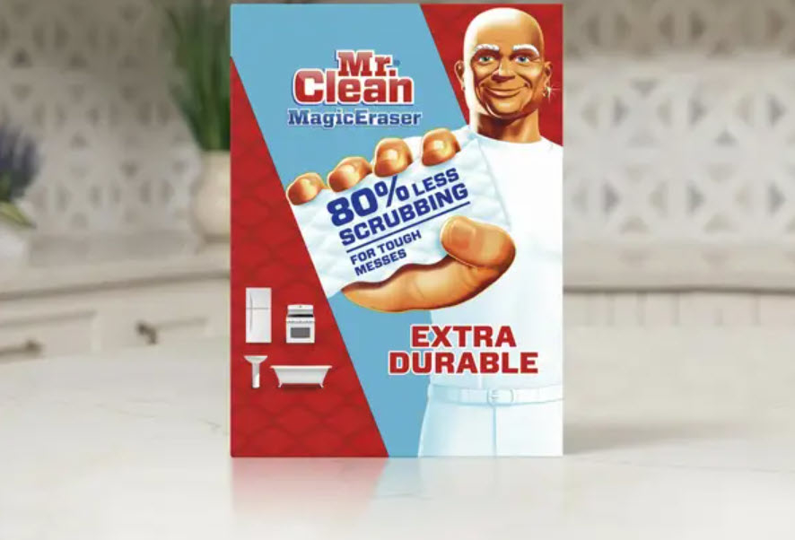 Mr. Clean extra durable Magic Eraser in packaging on counter