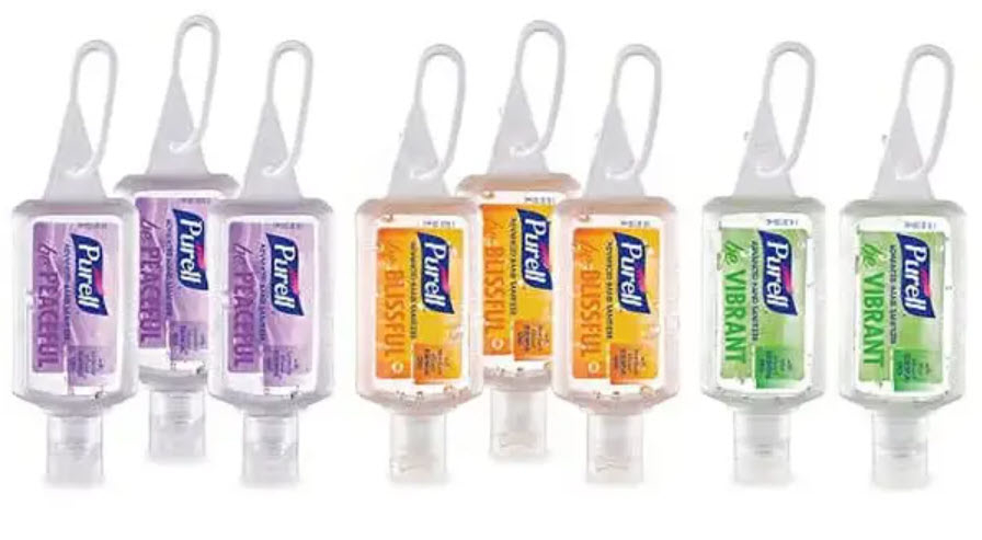 set of nine keychain Purell hand sanitizers in three colors