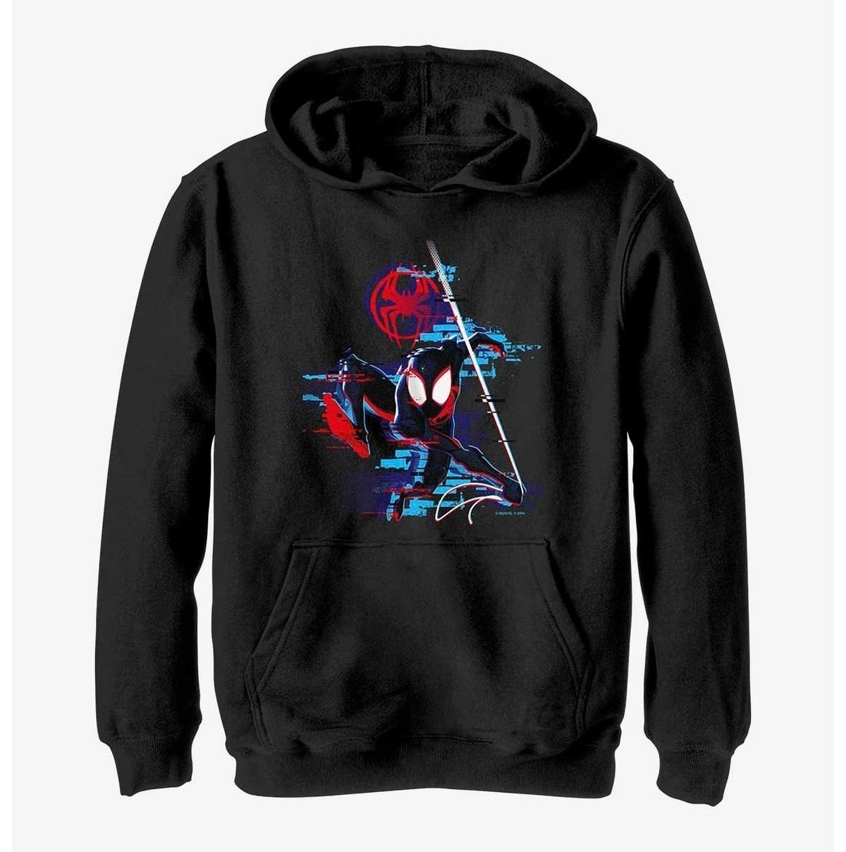 Black hoodie with a graphic of Spider-Man in action. Perfect for fans of superhero merchandise