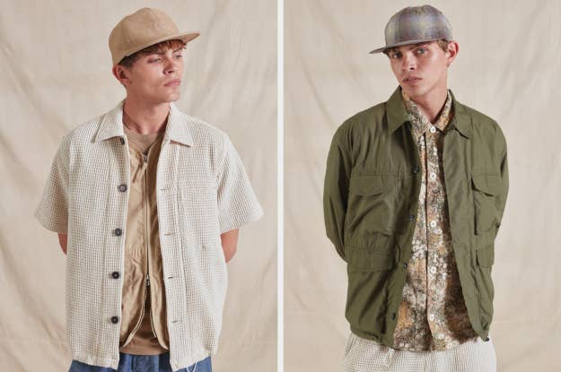 Two models showcase casual spring looks with layered shirts and hats