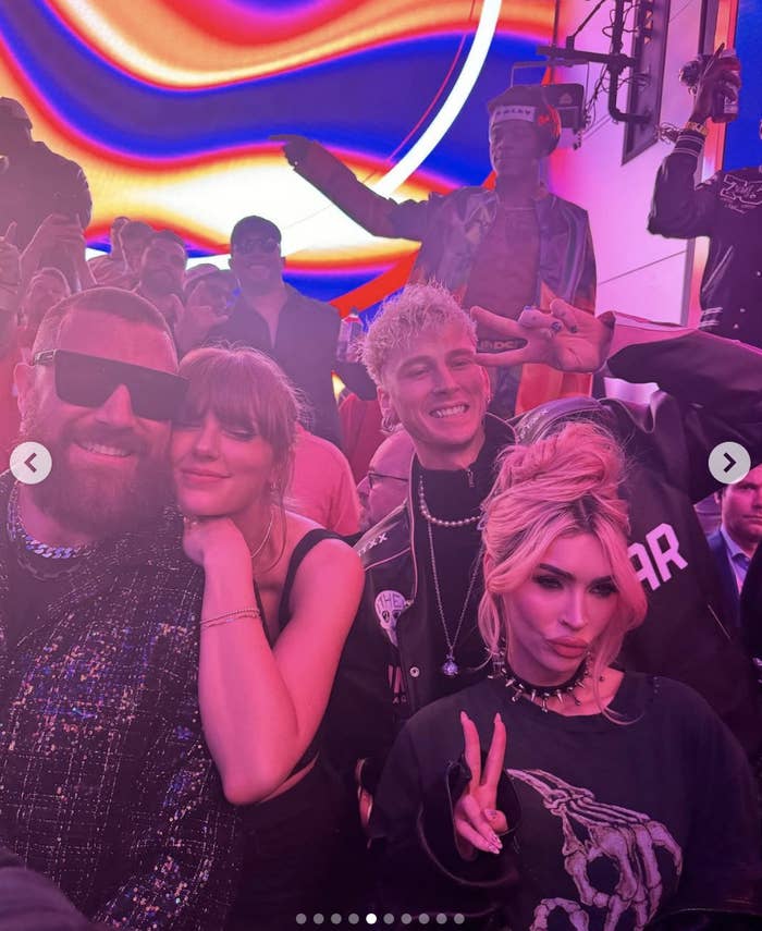 Travis Kelce, Taylor Swift, Megan Fox, and Machine Gun Kelly pose together at Las Vegas nightclub