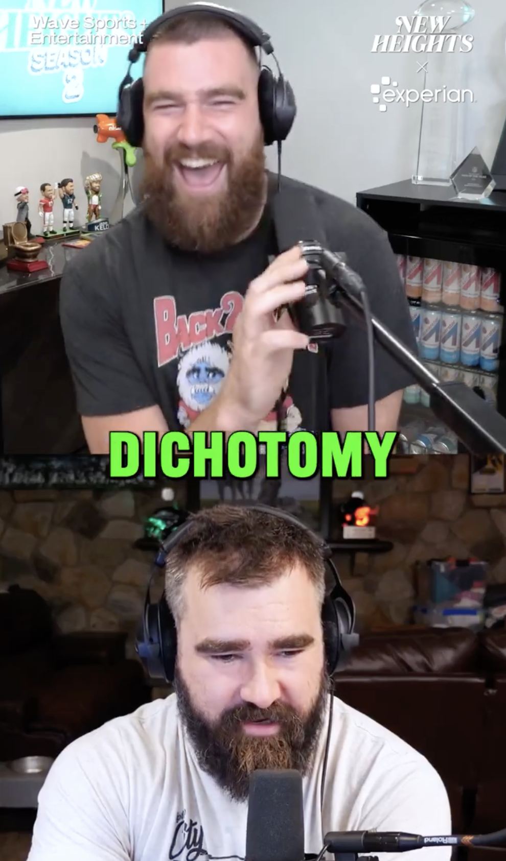 Travis and Jason laughing on a podcast with the word &quot;DICHOTOMY&quot; displayed and action figures in the background
