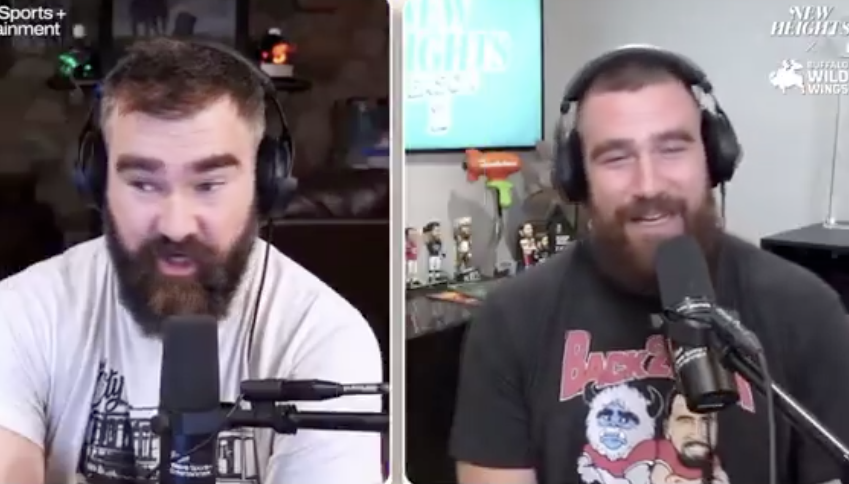 Travis and Jason laughing during a podcast, with Travis wearing a graphic T-shirt