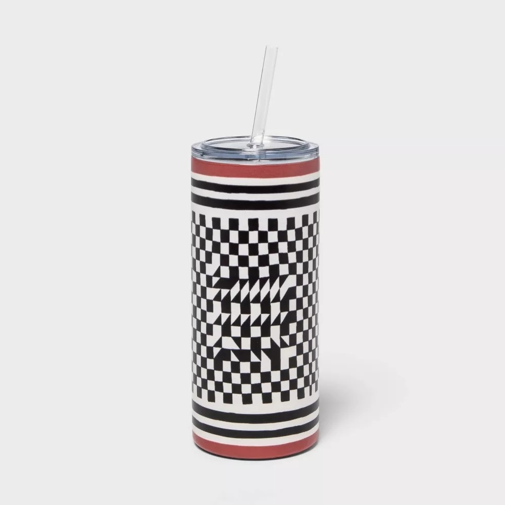 Insulated tumbler with a black and white checkered pattern and red stripes, including a lid and straw