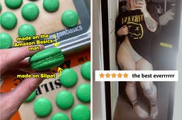 a macaron, half made on amazon basics and silpat silicone mats / a reviewer in undies with text "the best everrrrr"