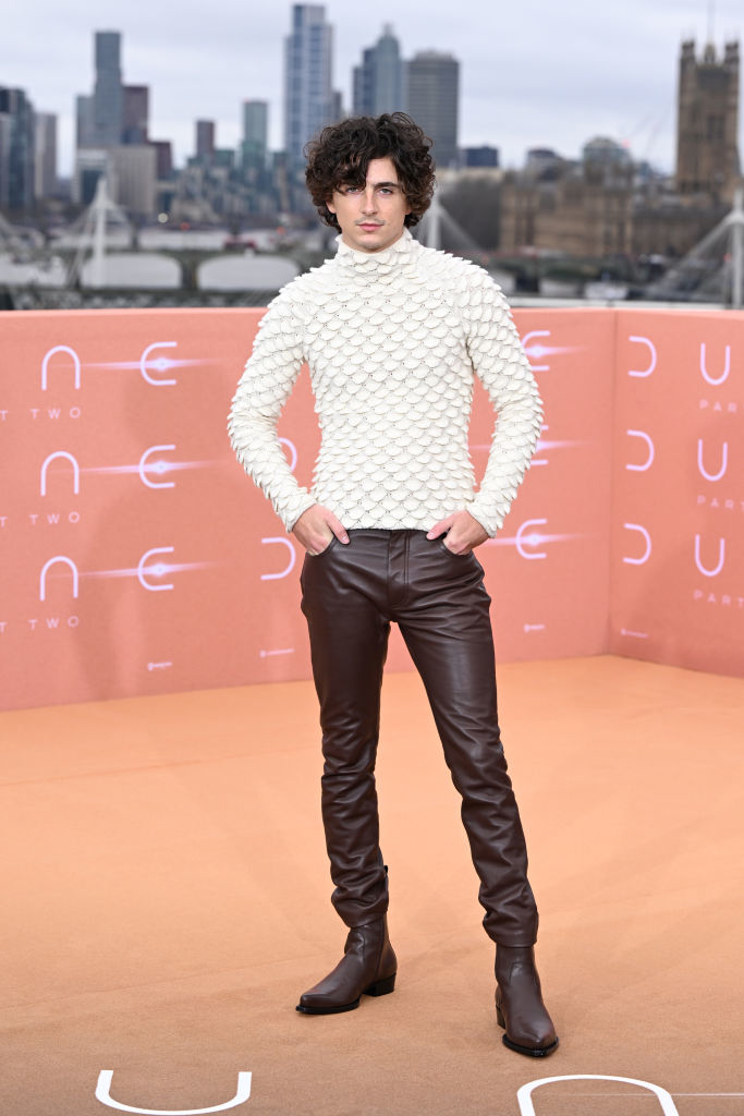 Timothée stands on event carpet wearing a textured white top and high-waisted brown leather pants