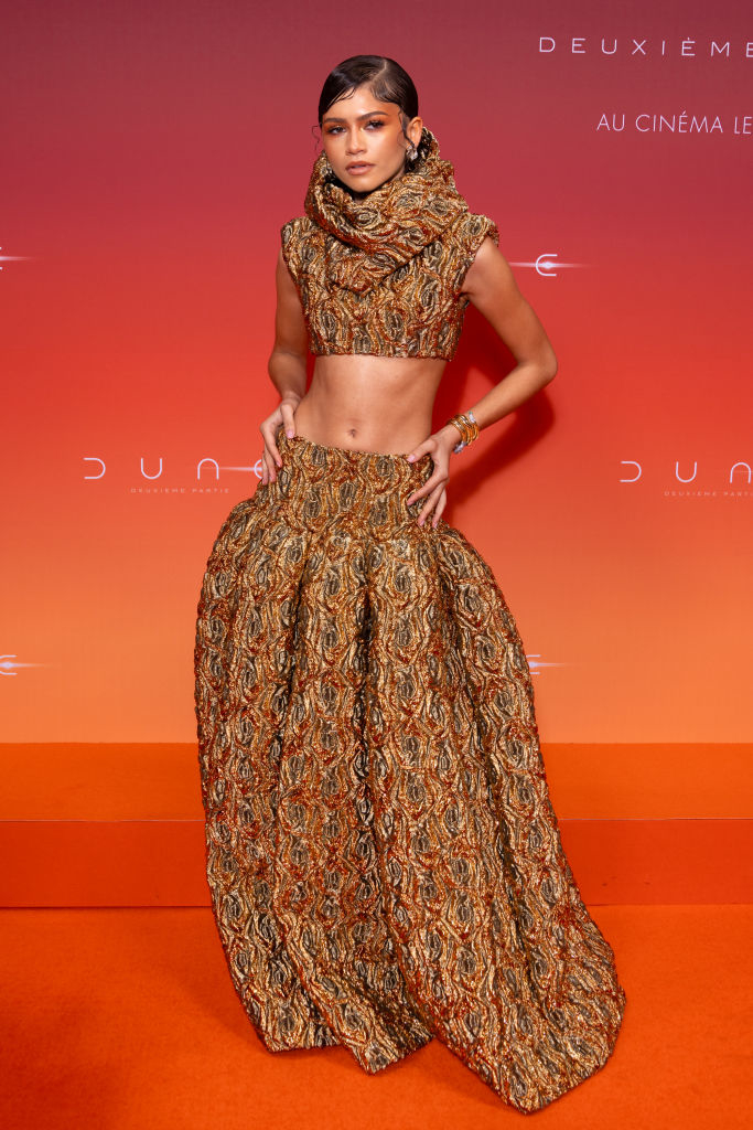 Zendaya in a patterned crop top and full skirt on the Dune premiere red carpet