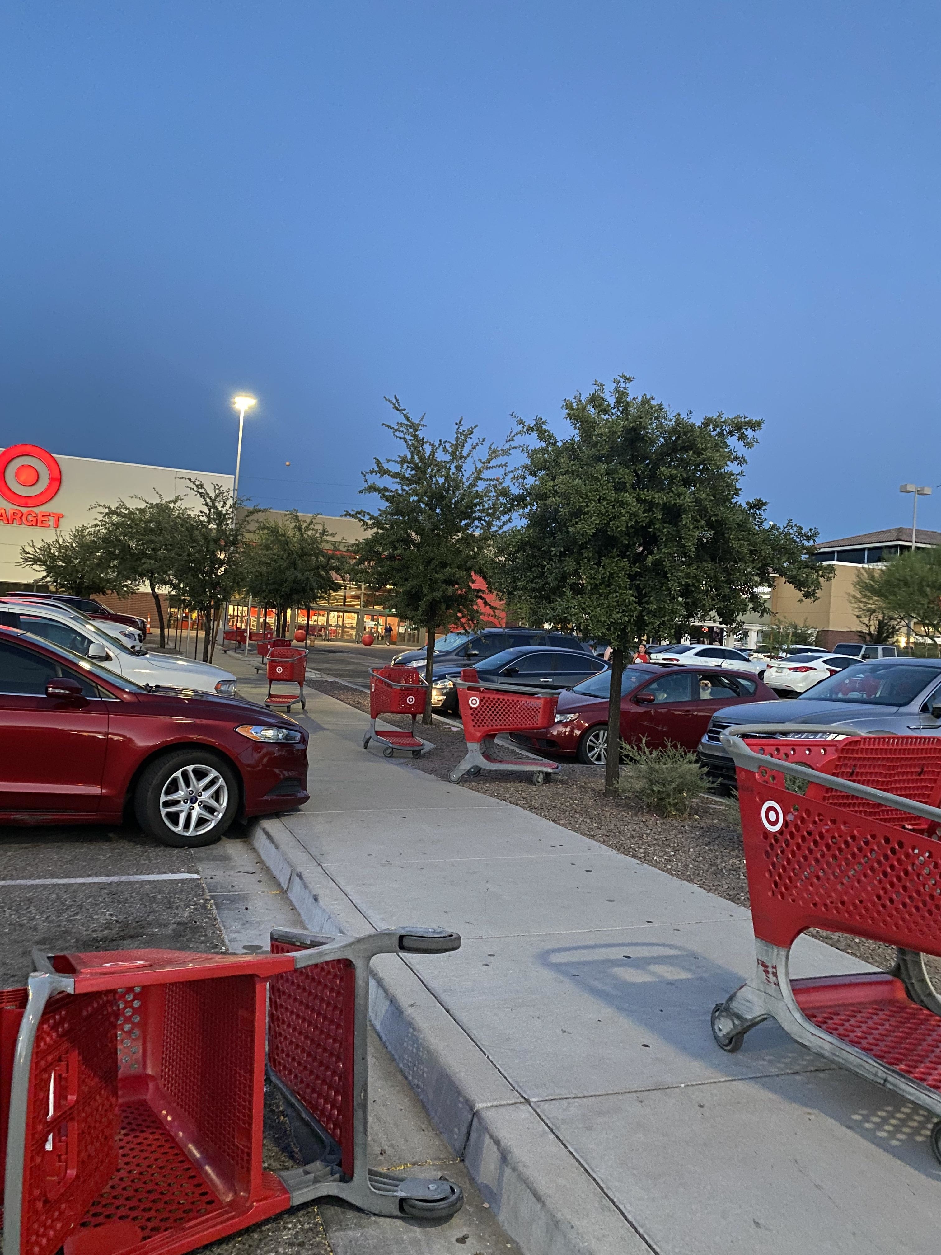 Target store exterior with shopping carts scattered in a parking lot at dusk