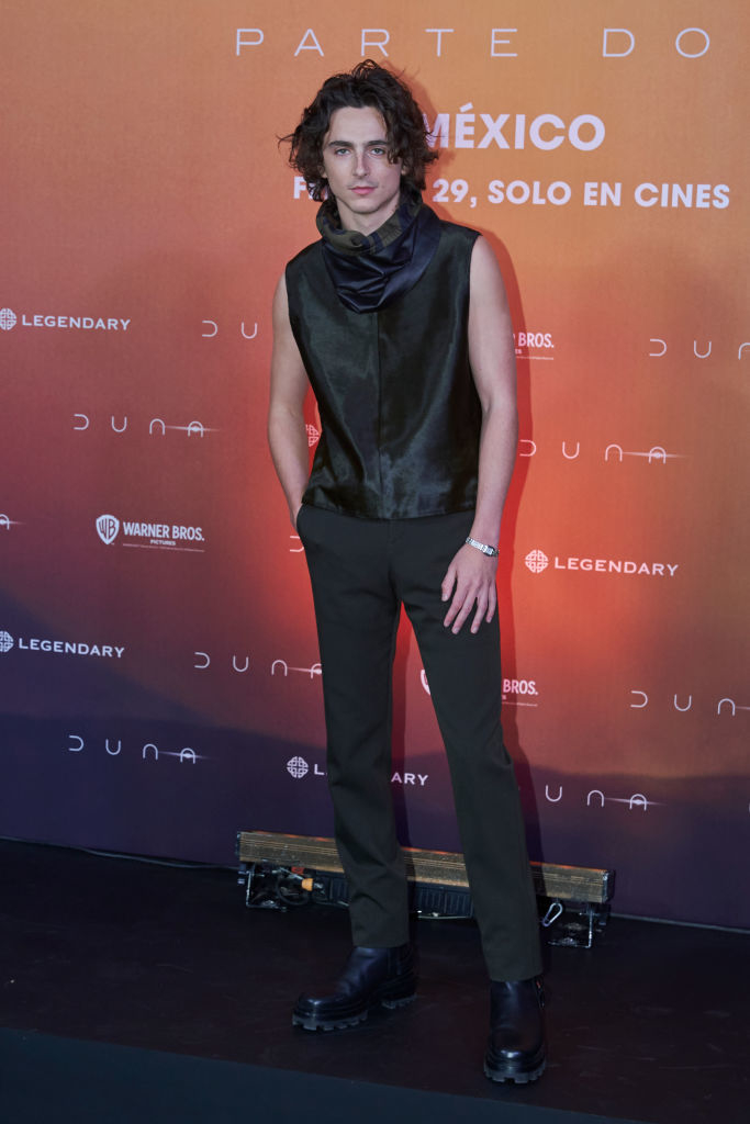 Timothée at event wearing sleeveless top and trousers, standing in front of a promotional backdrop