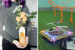 on left: reviewer holding orange juice container-shaped vase. on right: green remote control helicopter on light-up pad