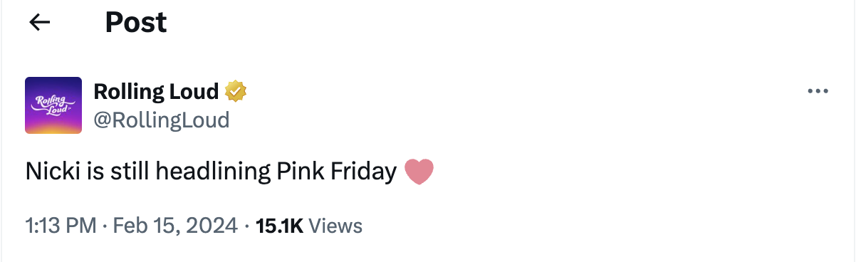 Tweet from Rolling Loud announcing Nicki Minaj headlining Pink Friday with a heart emoji