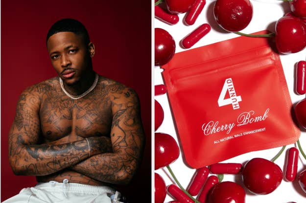 Person sitting with tattoos visible and a branded Cherry Bomb pouch surrounded by cherries and pills