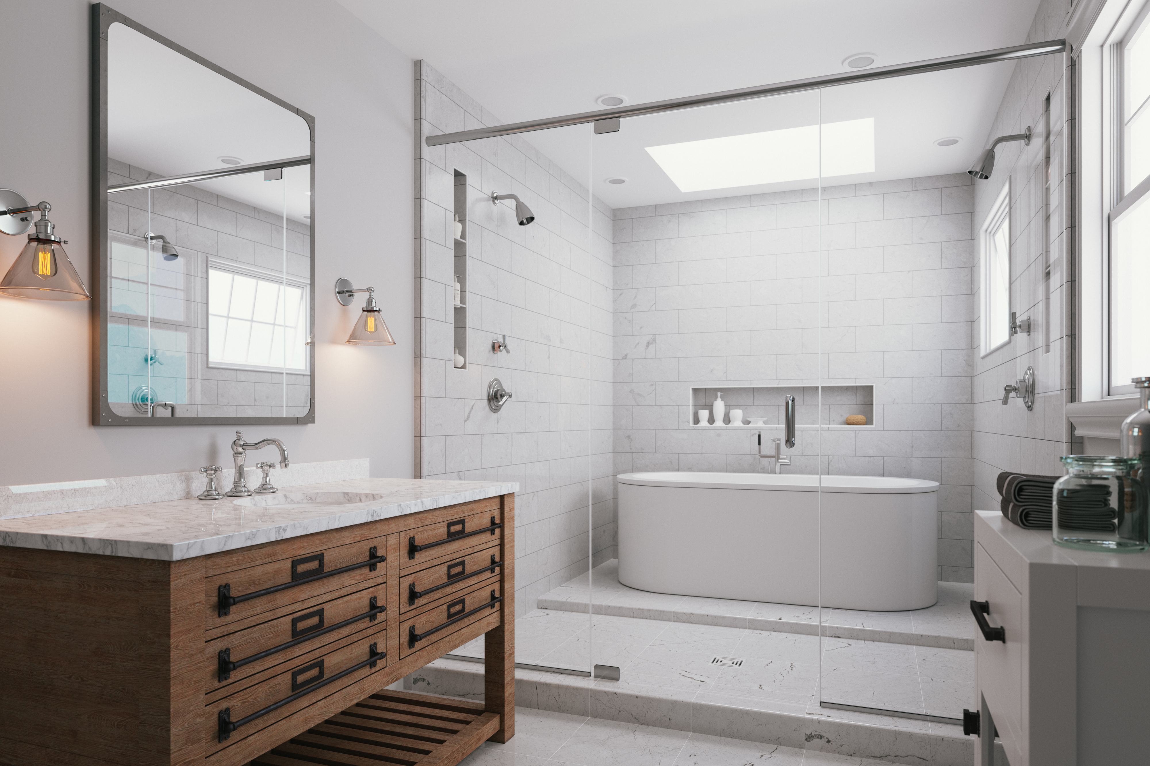 Modern bathroom with a freestanding tub, glass shower, and double vanity
