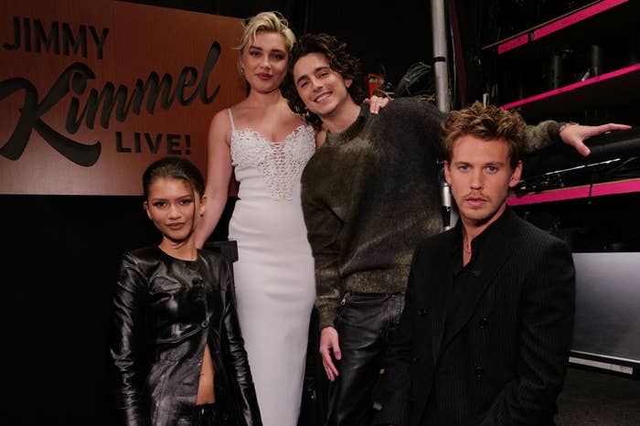 The four costars posing together on &quot;Jimmy Kimmel Live&quot;