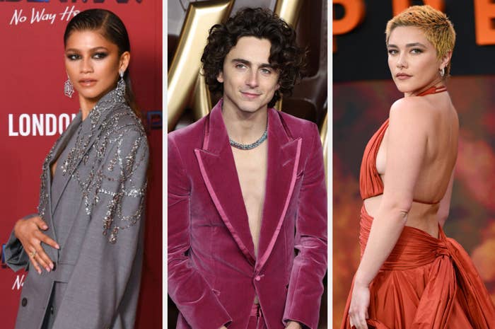 Zendaya in a beaded dress, Timothée in a velvet suit, Florence in a halter-neck gown