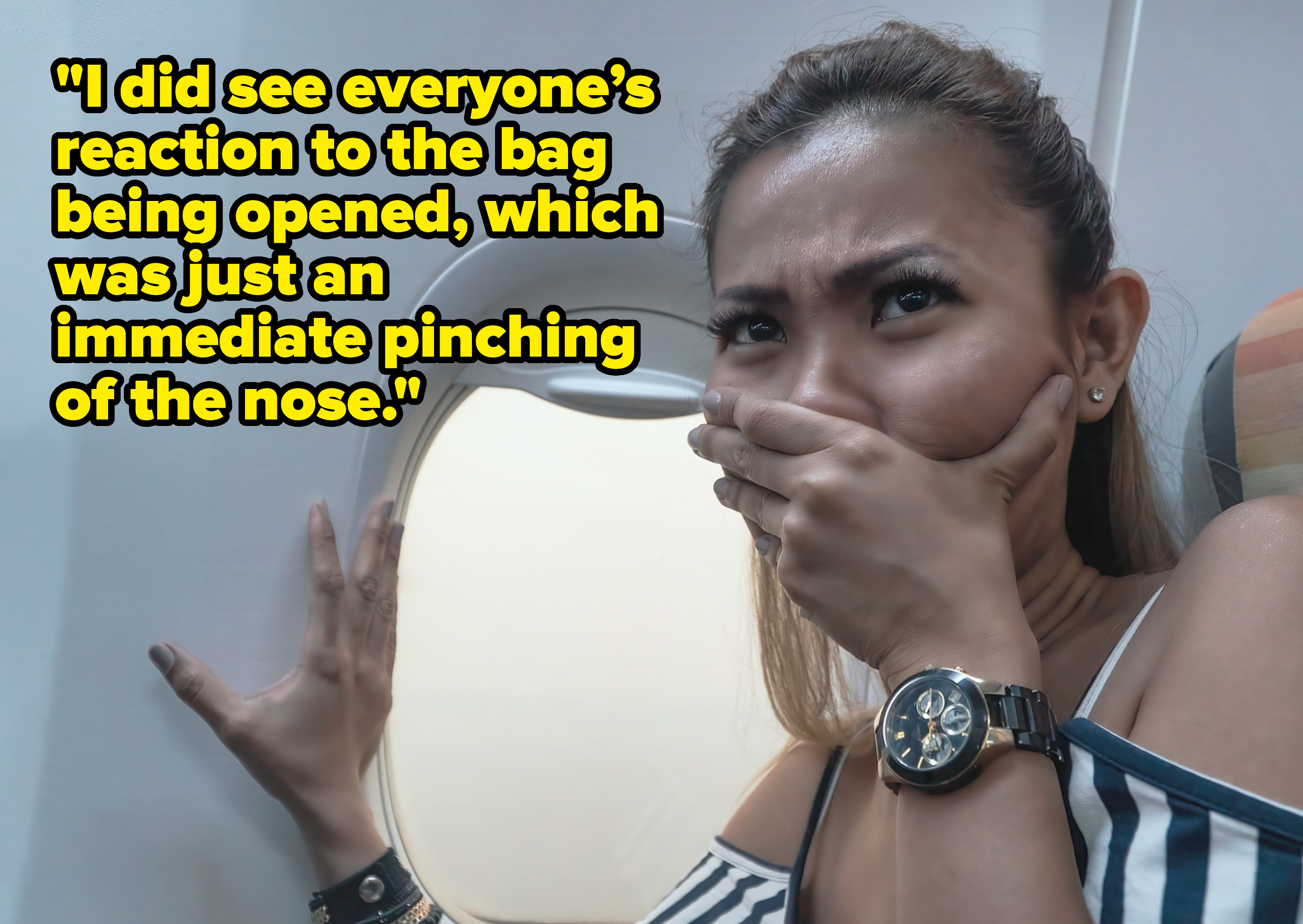 Woman appears panicked, covering her mouth and pressing hand against airplane window