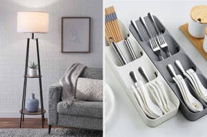 a shelved lamp and a cutlery organizer